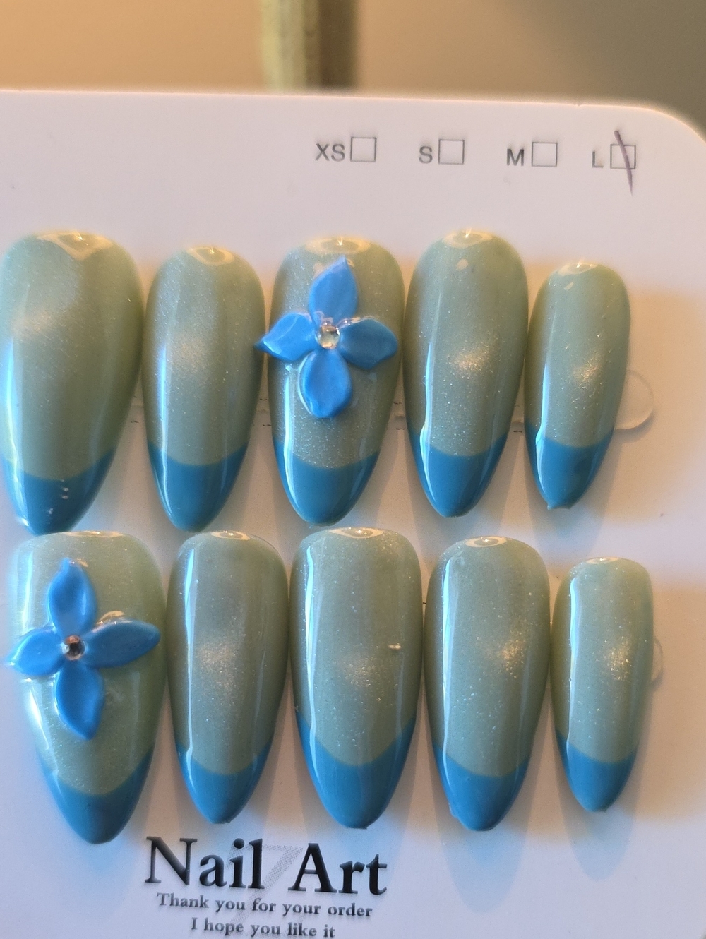 Blue Two-Tone Floral Press-On Nail Set Size Large